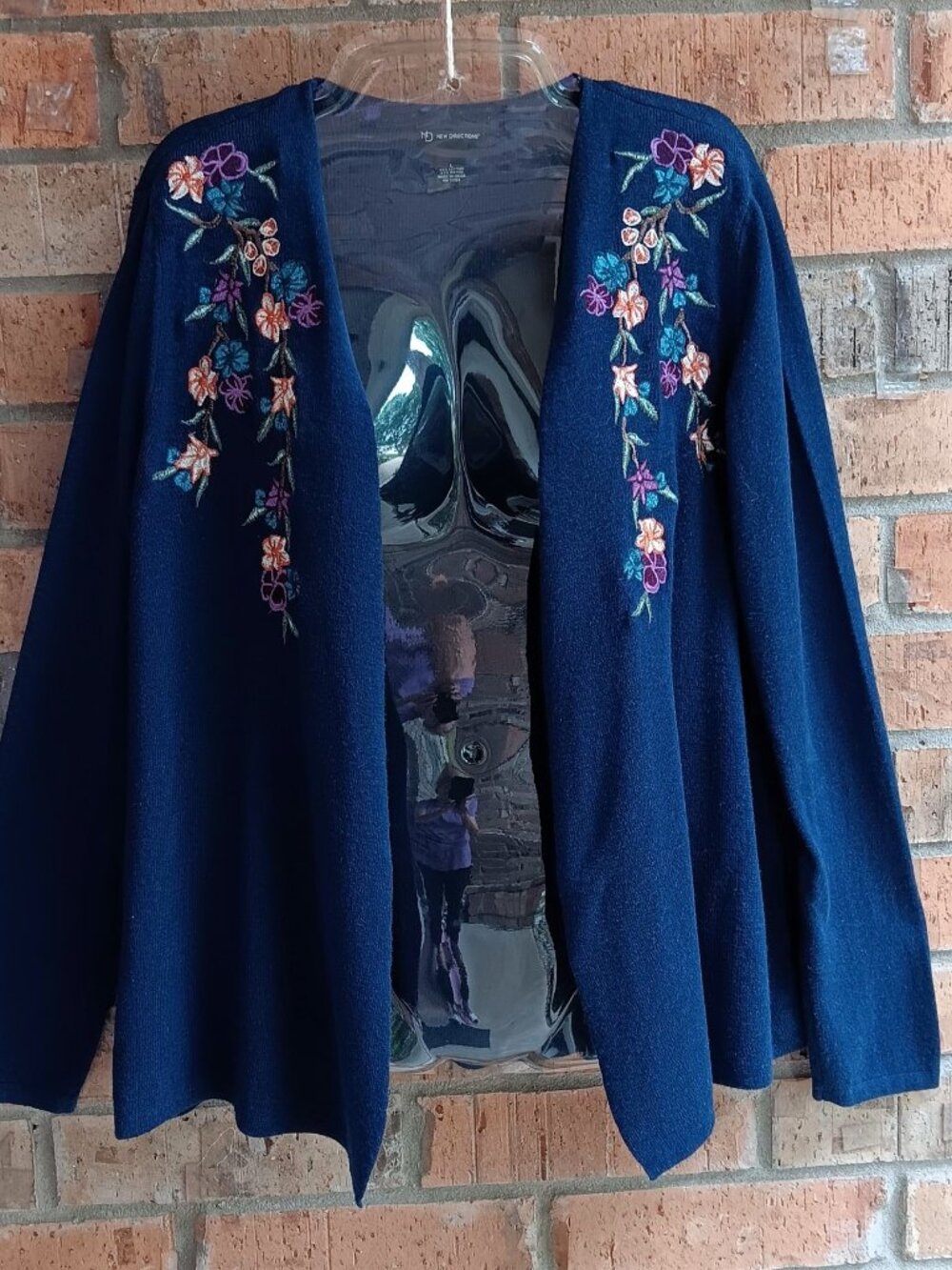 ND New Directions Womens Knit Open Front Sweater Cardigan Embroidered Size L